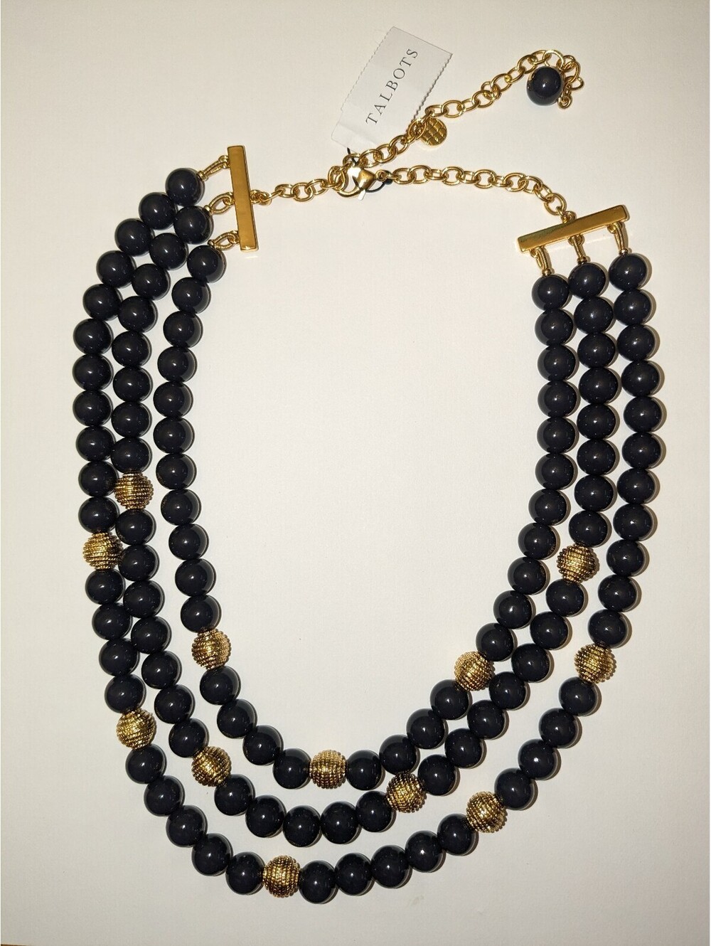 Talbots Navy blue three strand bead necklace with gold tone toggle